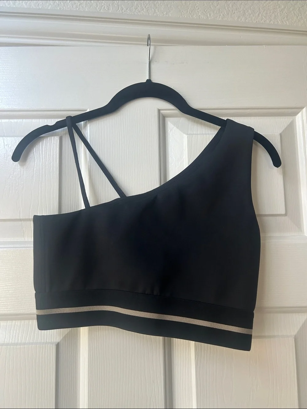 Asymmetric Black Sports Bra with Contrast Band
